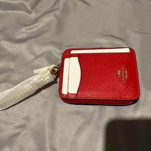 COACH |  Zip ID Card Case Golden Chain Poppy Red Leather Mini Coin Wallet
